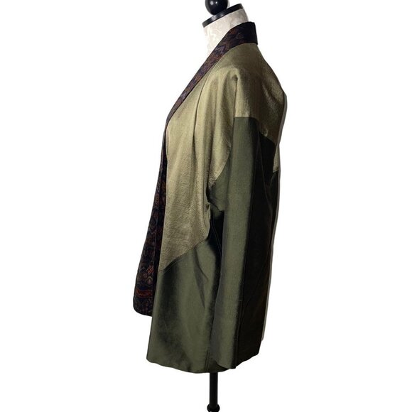 Mekong River Textiles Womens Kimono Jacket Size S Green Fair Trade Ikat Collar - Picture 2 of 9